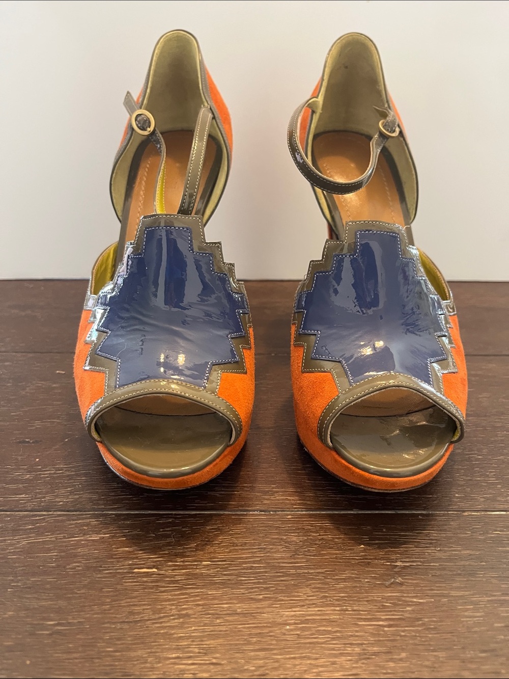 Pollini Orange Suede Peep-Toe Heels with Blue Patent Accent